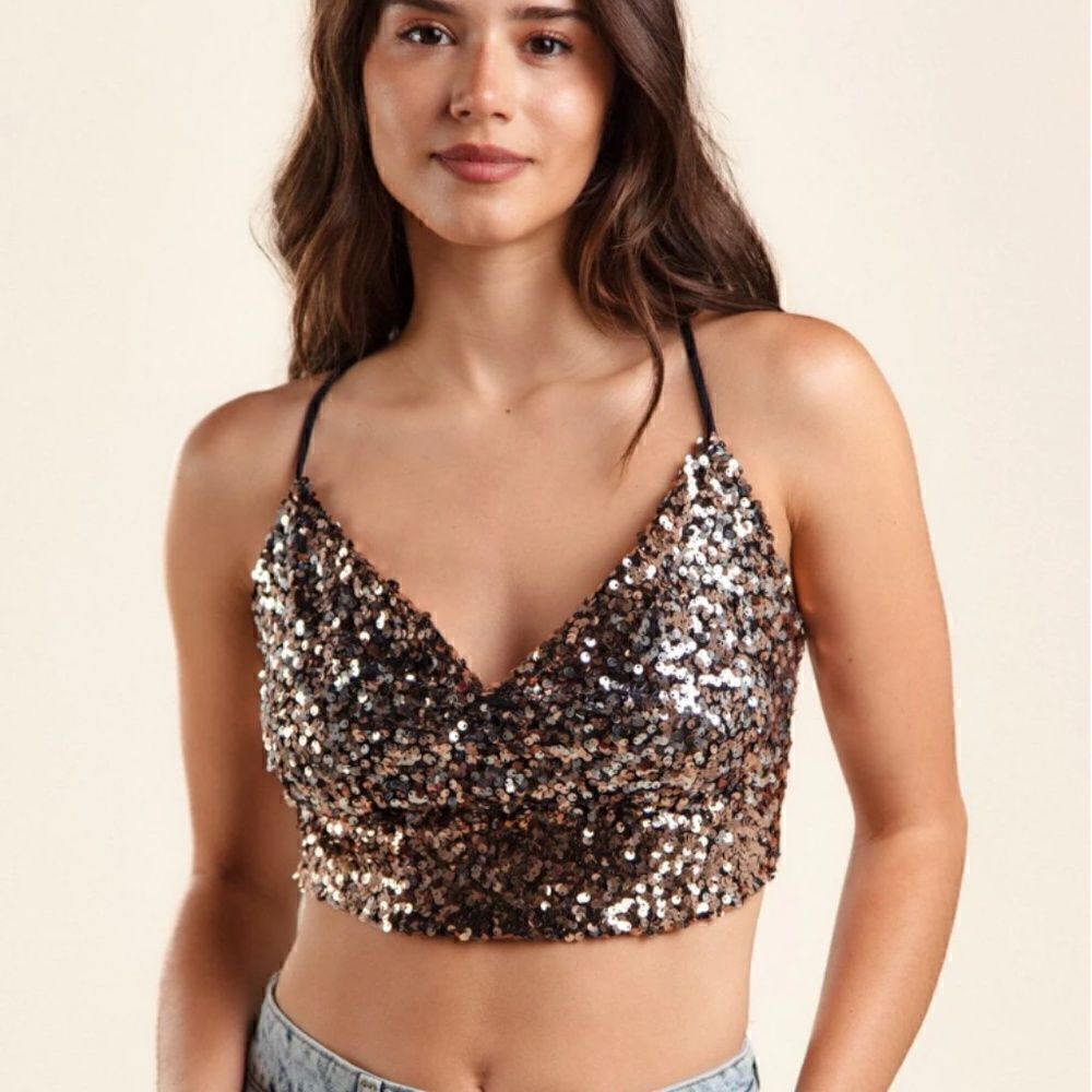 NEW! Holiday Shiny Sequins Cami Crop Top Bralette Criss Cross Back Christmas